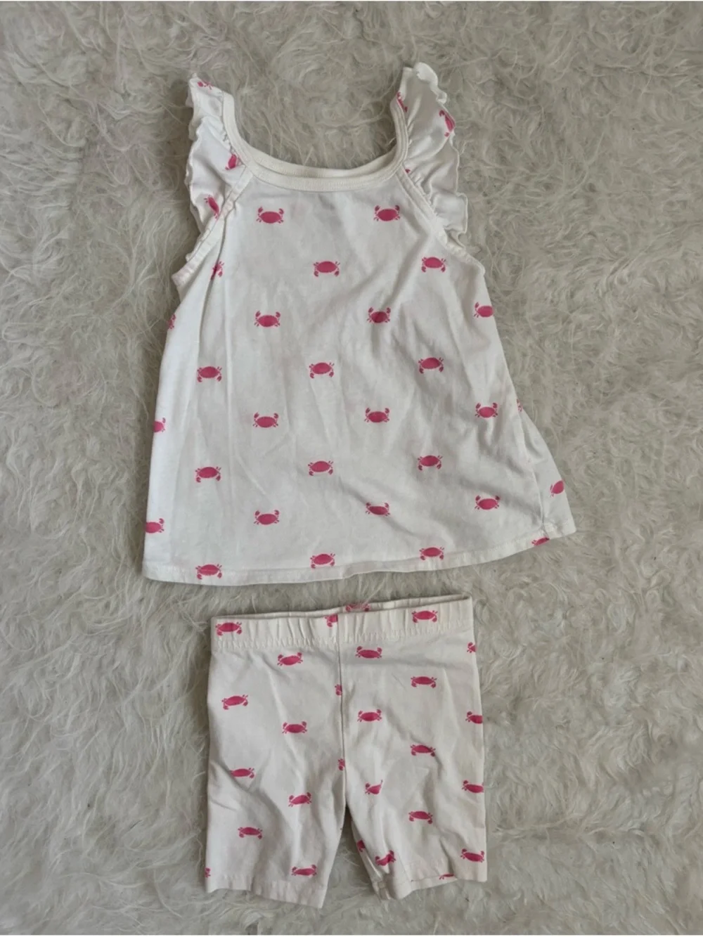 Carter's Girls’ White and Pink Crab Summer Set, Ruffle Tank & Biker Shorts